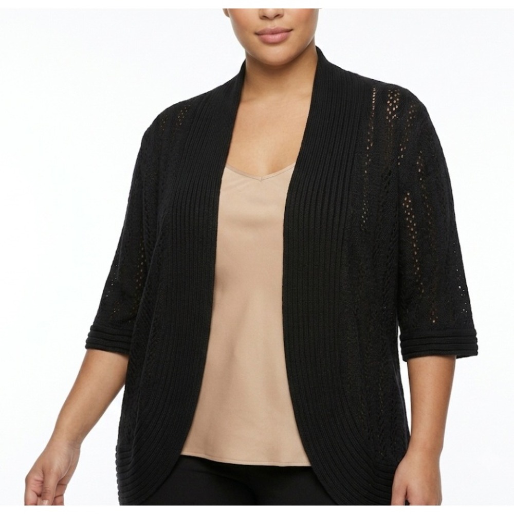 Peter Nygard Cardigan Womens 1X Black Pointelle Open Front Short Sleeve 3T455764